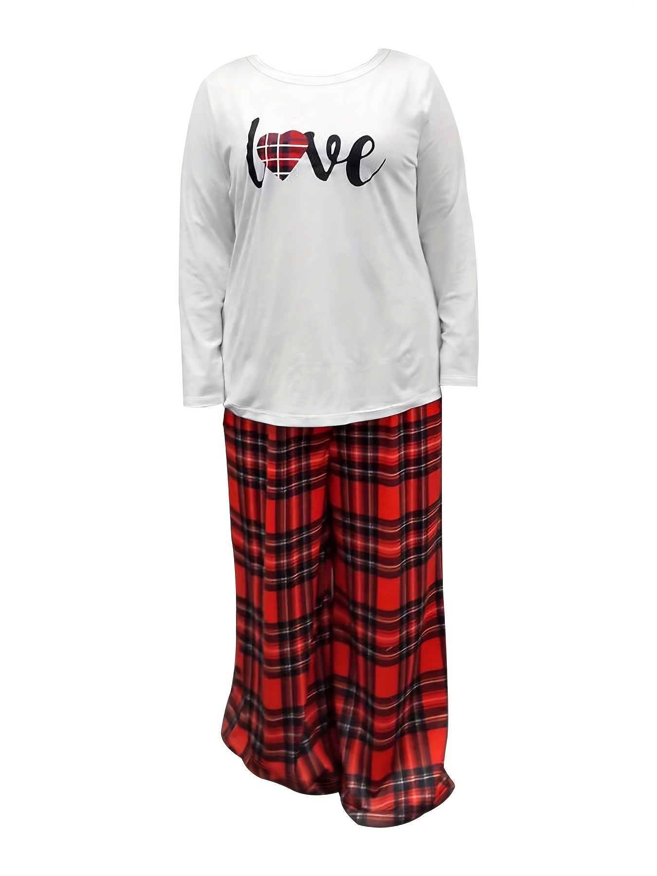  Plaid Heart Print Tee & Wide Leg Pants Pajama Set