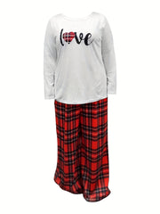 Plaid Heart Print Tee & Wide Leg Pants Pajama Set