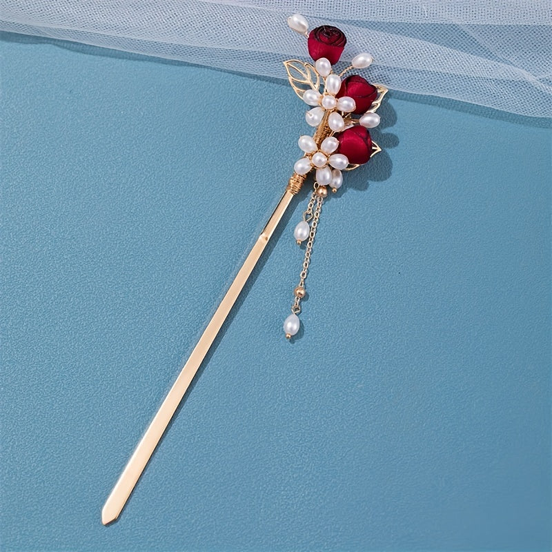 Faux Pearl Flower Hairpin Rose Hair Stick Ponytail Holder Hair Accessories