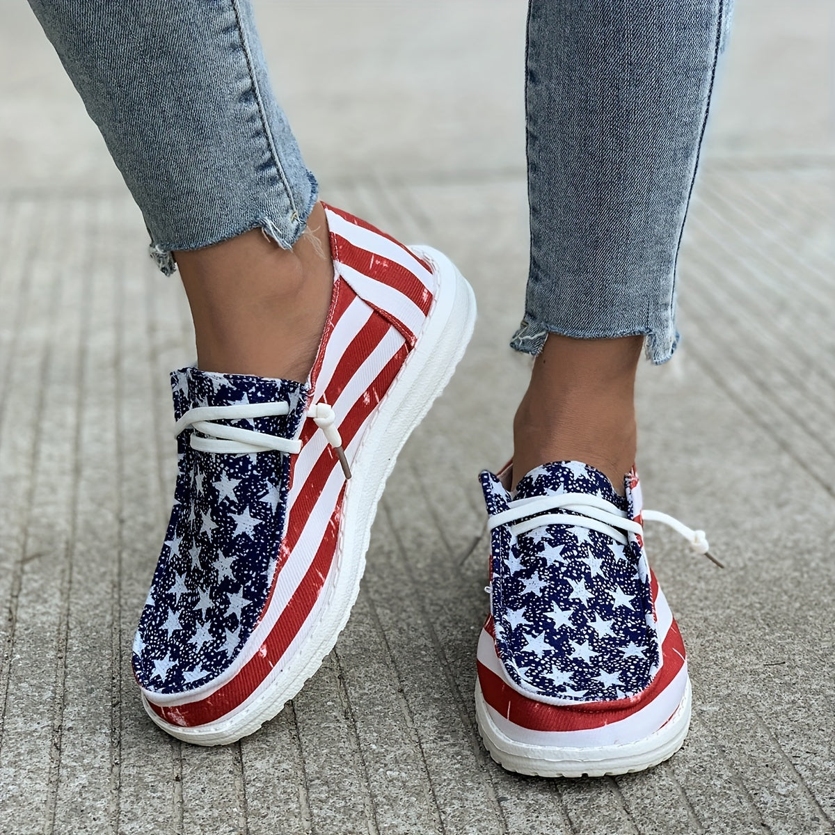 Women's Star & Stripe Pattern Boat Shoes Independence Patriotic Slip On Flats