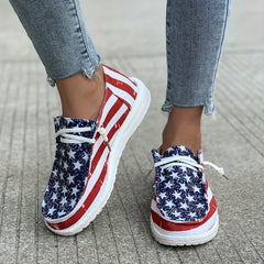 Women's Star & Stripe Pattern Boat Shoes Independence Patriotic Slip On Flats
