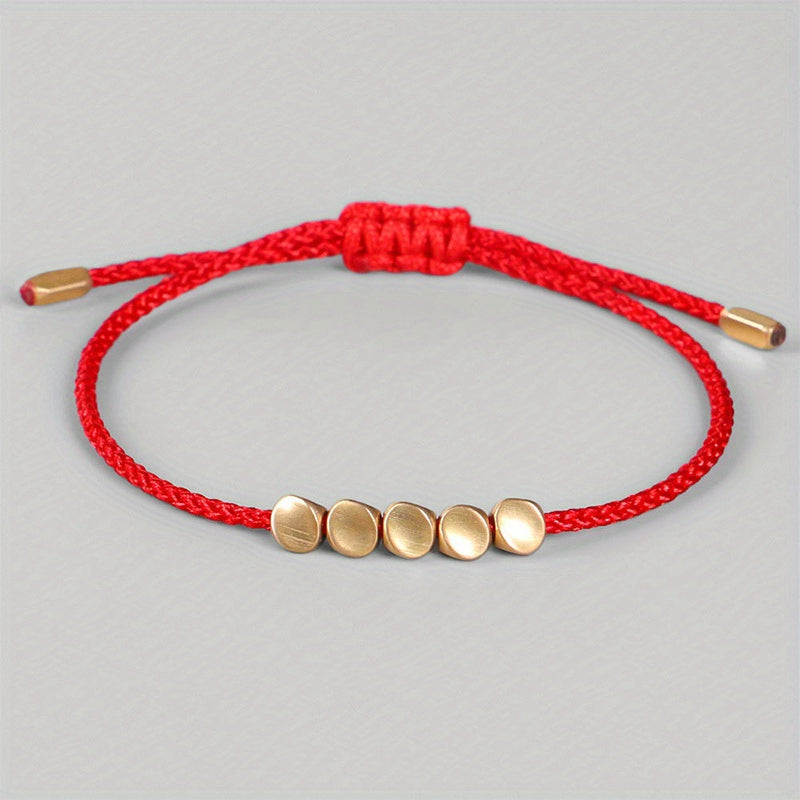 Handwoven Red Rope Bracelet with Copper Beads