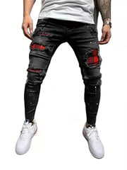 Mens Ripped Jeans Paint Splatter Chain Casual Street Style Denim Pants