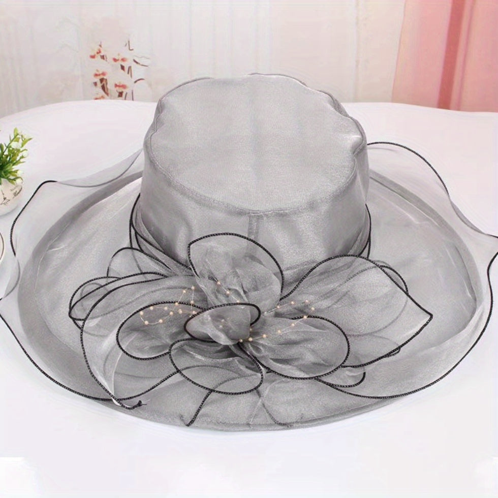 Wide Brim Organza Sun Hat Solid Derby Hat Mesh Breathable Lightweight UV Protect