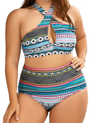  Ethnic Print Halter Neck High Waist Bikini Set
