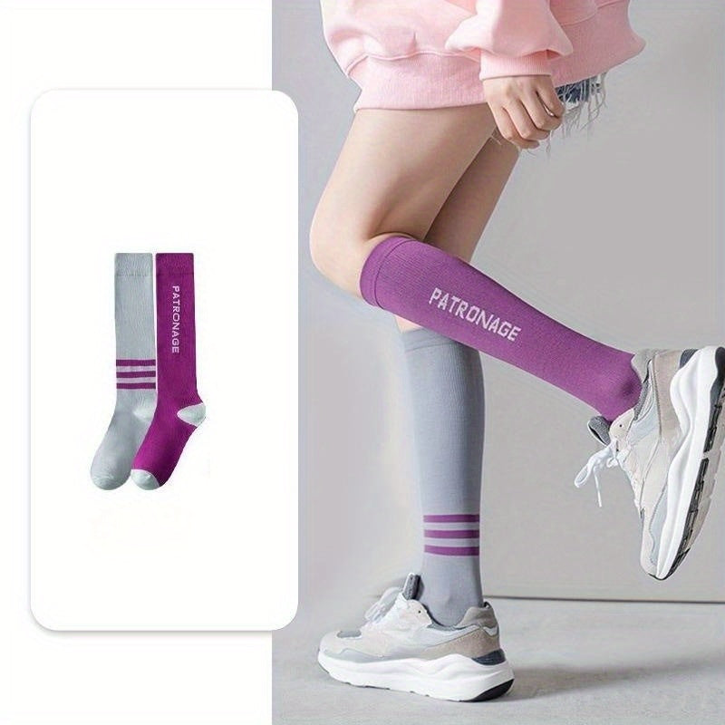 Letter & Stripe Print Calf Socks Colorblock Knee High Socks