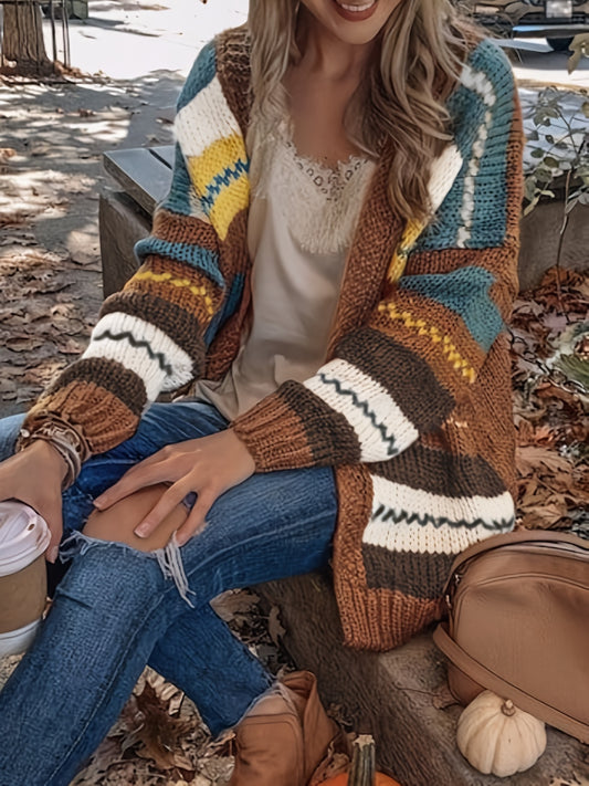  Striped Open Front Cardigan