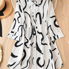  Graffiti Print Roll Up Sleeve Shirt Dress