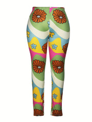  Colorful Floral Print Elastic Waist Leggings