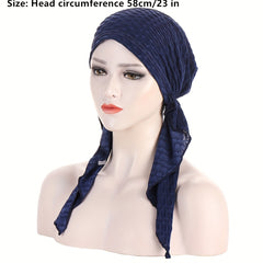 Solid Embossed Turban Cap Elastic Headscarf Women Ramadan Hijab Bandana