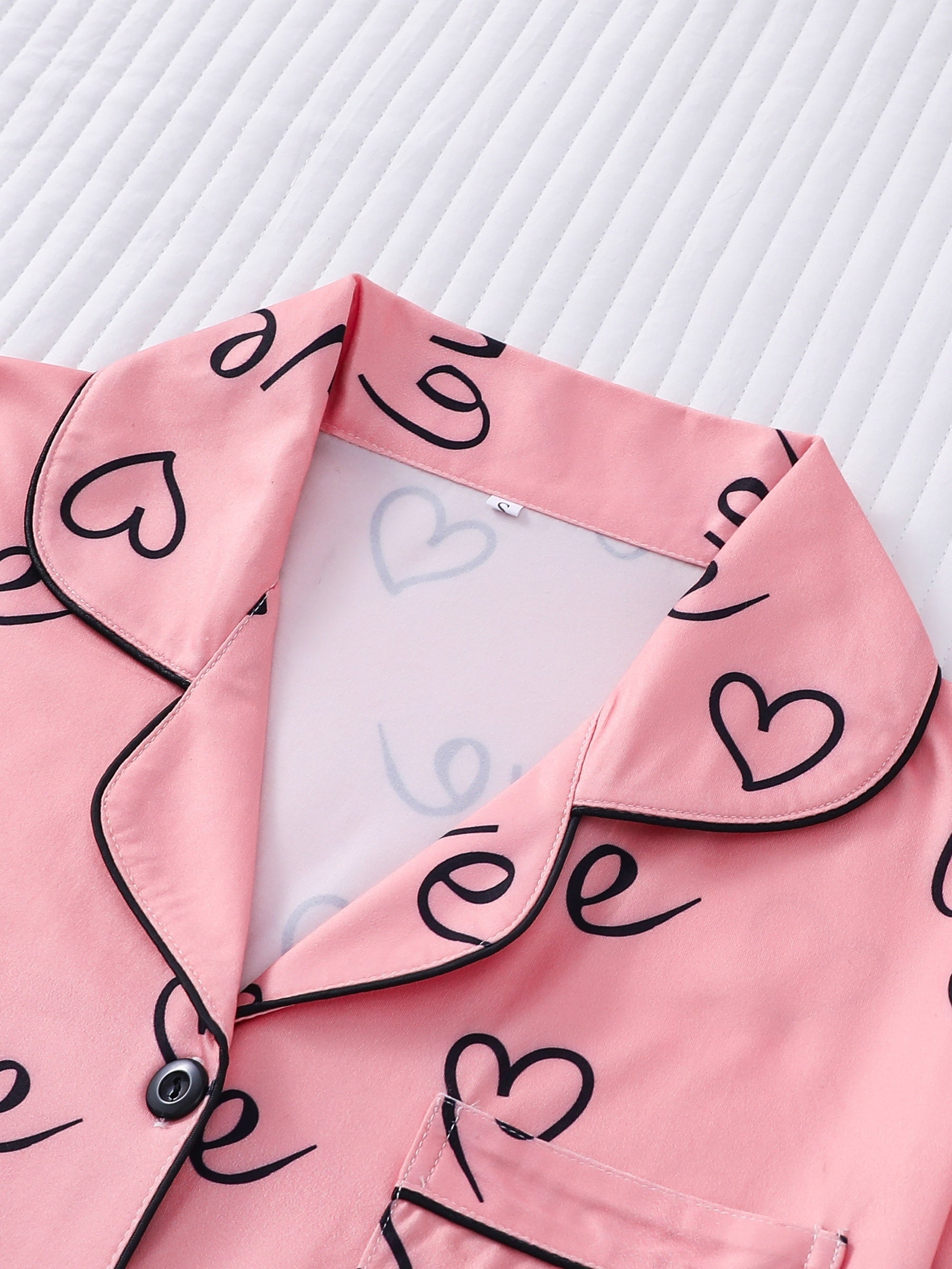 Heart Print Pajama Set Short Sleeve Buttons Top & Elastic Waistband Shorts