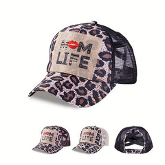Mom Life Ponytail Baseball Cap Leopard Print Patch Trucker Hat Mesh