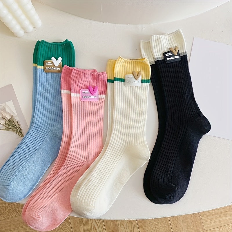 Heart Pattern Ribbed Socks Breathable Women's Mid Tube Stockings