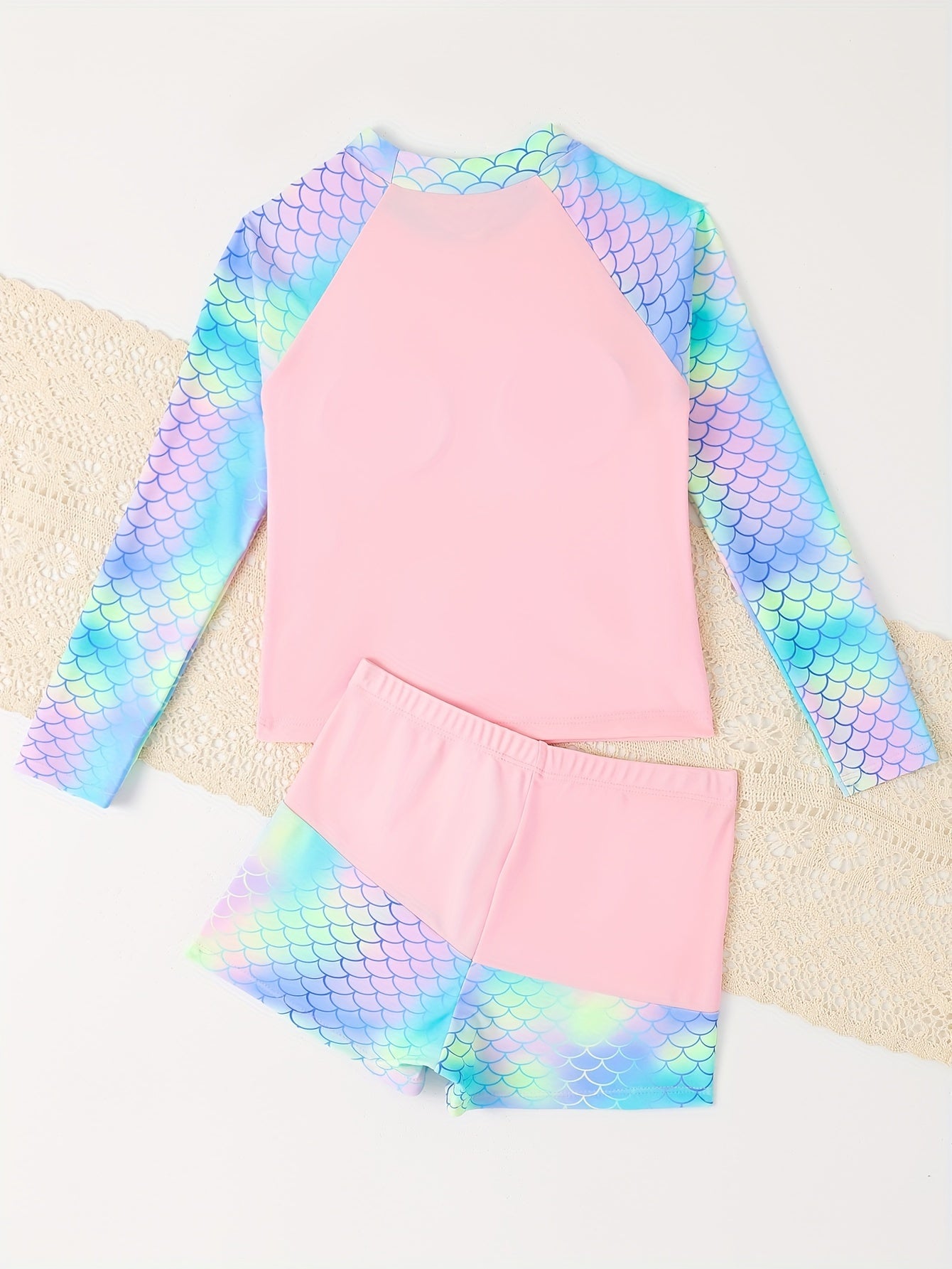 2pcs Girls Fish Scale Swimsuit Set Long Sleeve Top Shorts Summer Clothes