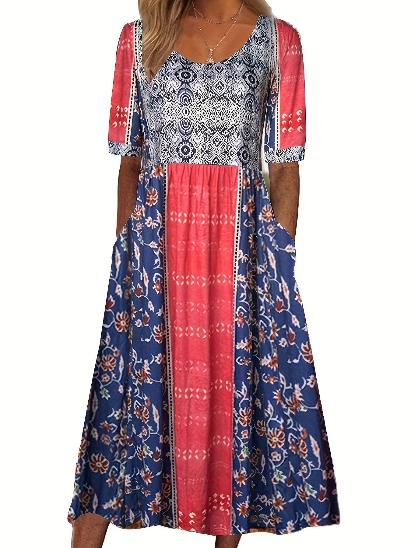 Boho Dress Colorblock Floral Print Maxi Dress With Pockets