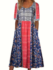  Boho Dress Colorblock Floral Print Maxi Dress With Pockets