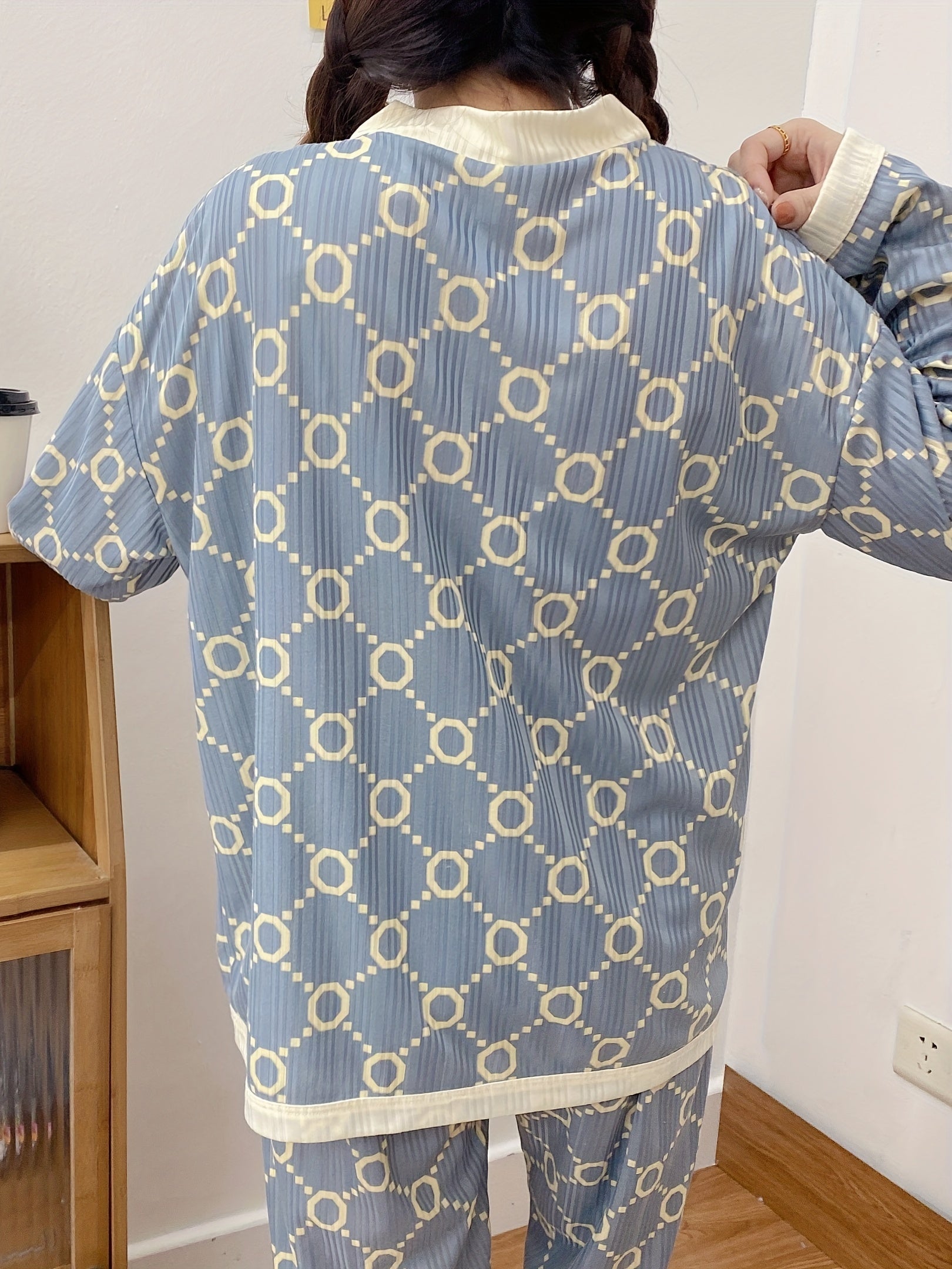 Geometric Pattern Pajama Set Long Sleeve & Elastic Waistband Pants