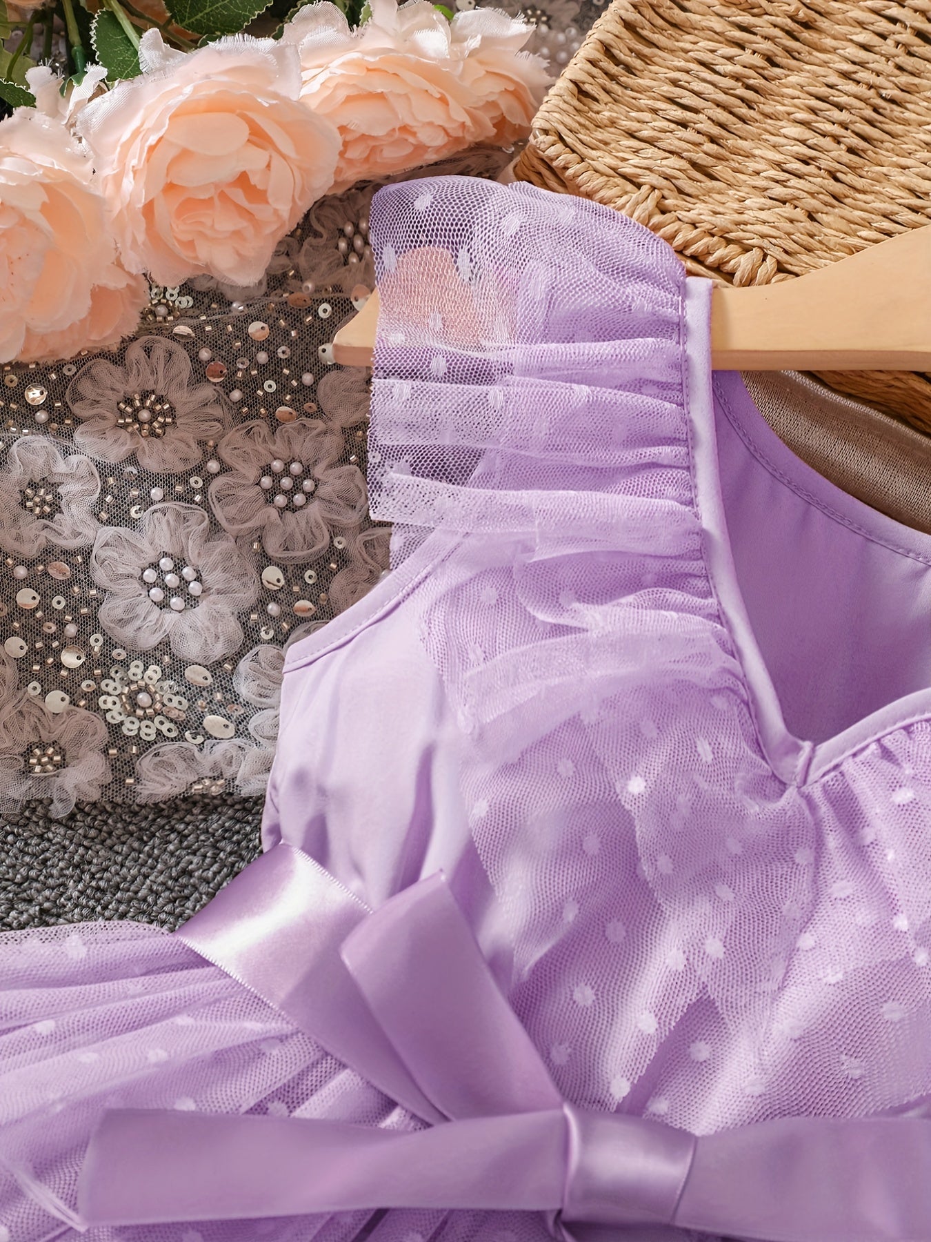 Girls' Dots Print V Neck Tulle Princess Dress