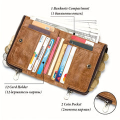 RFID Card Holder Leather Money Bag Double Zipper Male Clutch