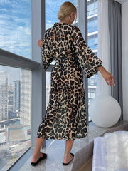 Leopard Mesh Robe Long Sleeve V Neck Belt Women's Lingerie