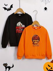 2 Boys Halloween Skull & Scary Print Sweatshirt Crew Neck Tops Outdoor