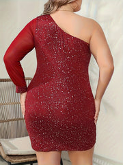  Sexy Party Dress Women's Plus Dot Print One Shoulder Dress