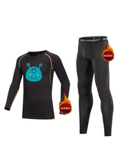 2pcs Kids Compression Fleece Sets Cartoon Pattern Crew Neck Pullover