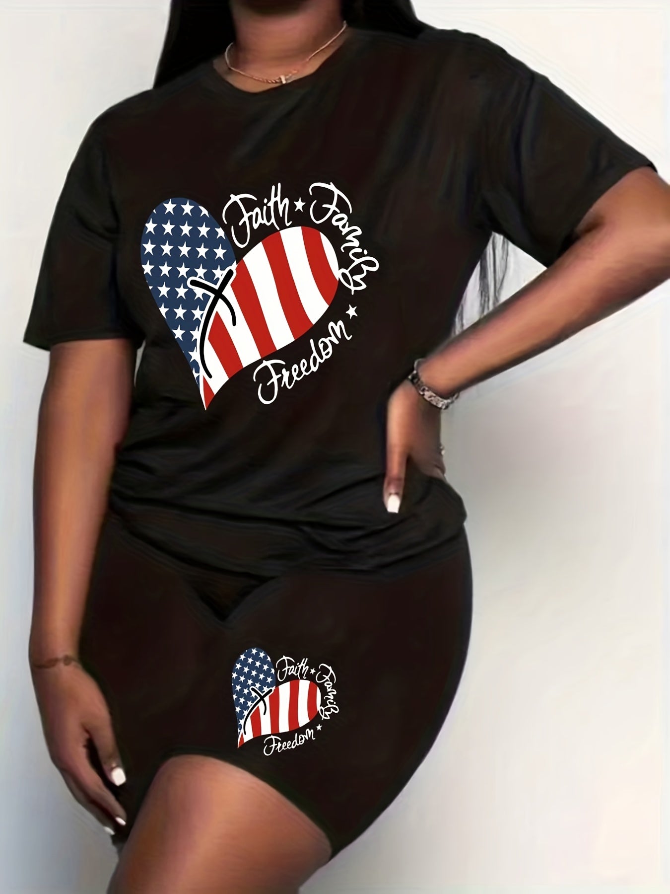 Women's Plus Flag Heart & Letter Print Independence Casual Outfits Set