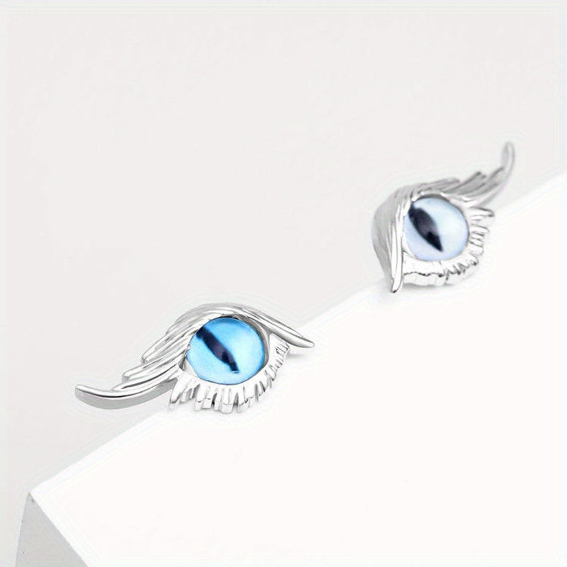 Cat Eye Stud Earrings w/ Feather 2pcs Pair
