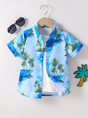 Boys Leaves Print Short Sleeves Shirt Hawaiian Style For Vacation Beach