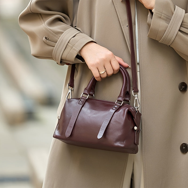 Vintage Leather Handbag for Women Burgundy Adjustable Strap Zip Closure
