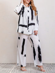  Brush Print Blouse & Wide Leg Pants Set