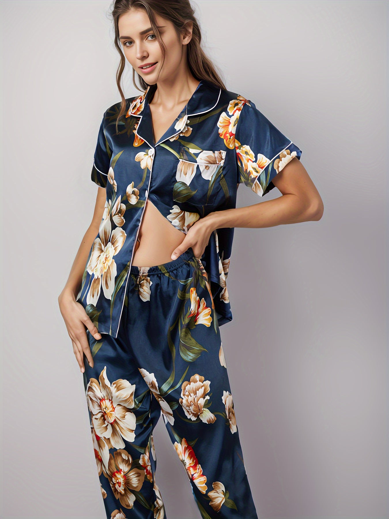 Floral Print Pajama Set Short Sleeve Buttons Top & Elastic Waistband Pants