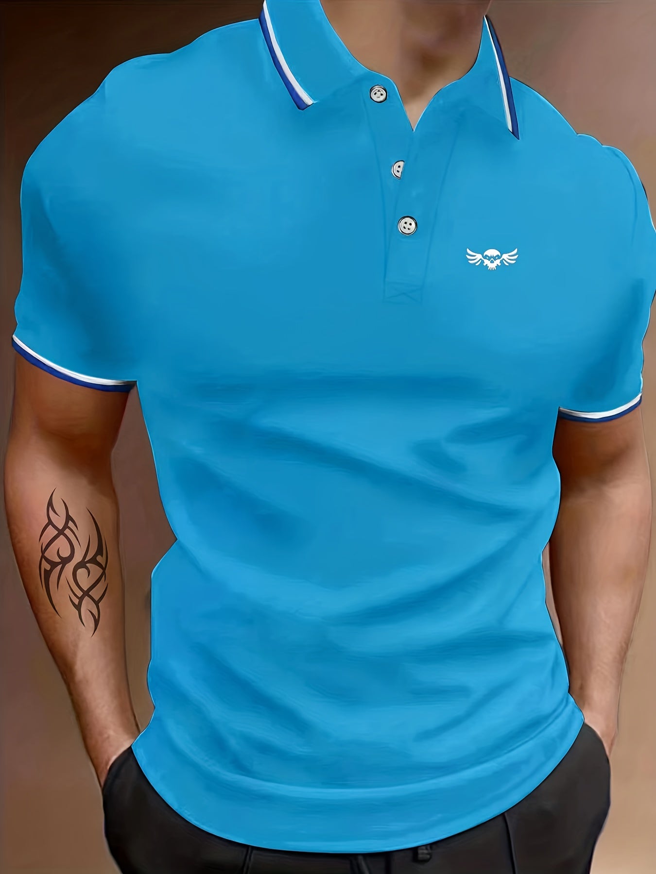 Skull Print Men's Casual Button Up Short Sleeve Polo Shirt
