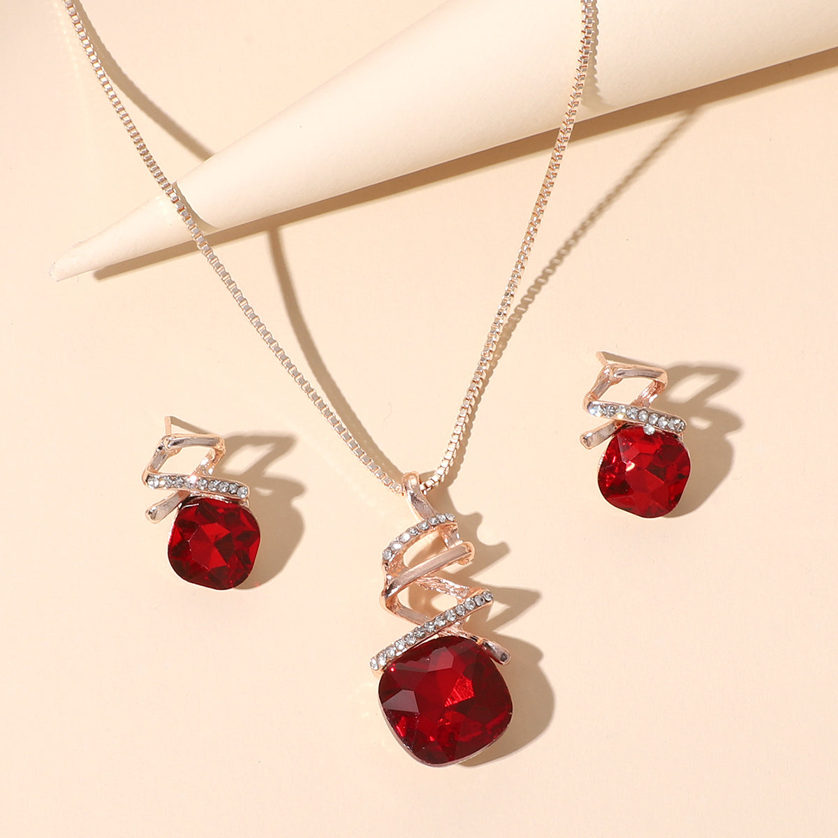 Geometric Crystal Jewelry Set Pendant Necklace & Stud Earrings Wedding
