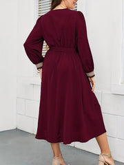 Applique Lantern Sleeve V Neck Belted Maxi Dress Plus Size