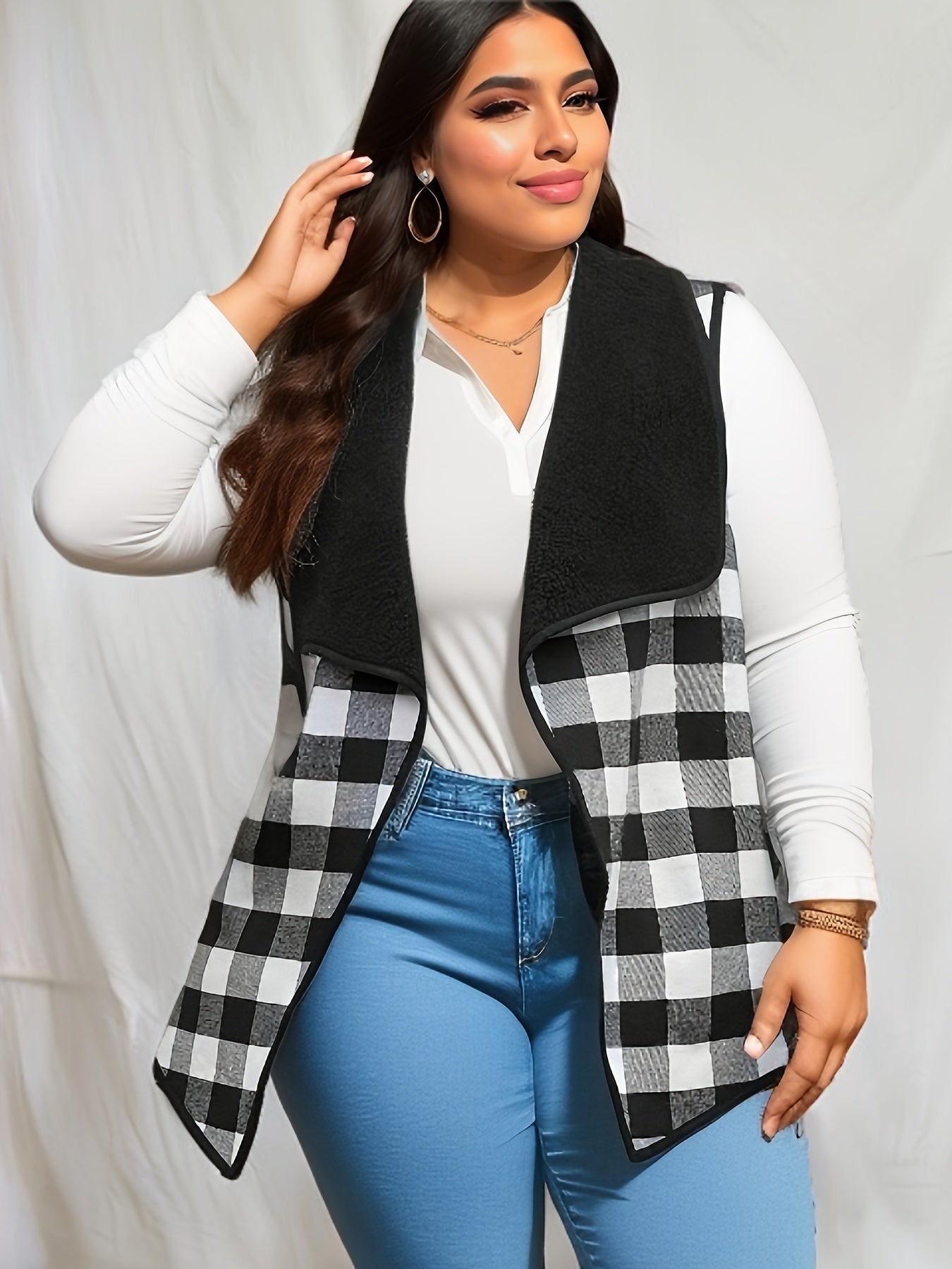 Colorblock Gingham Knit Vest