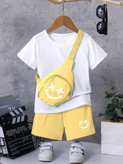 3pcs Boys Happy Face Print T shirt & Shorts & Bag Summer Clothes Sets
