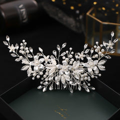 Crystal Silver Pearl Bridal Comb Floral Wedding Rhinestone Pearl Comb