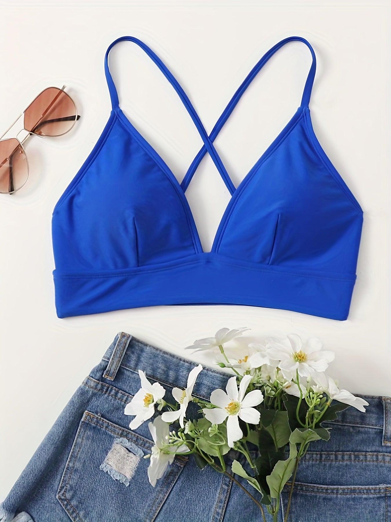 High Strech V Neck Lingerie Bra Solid Swimsuit Top