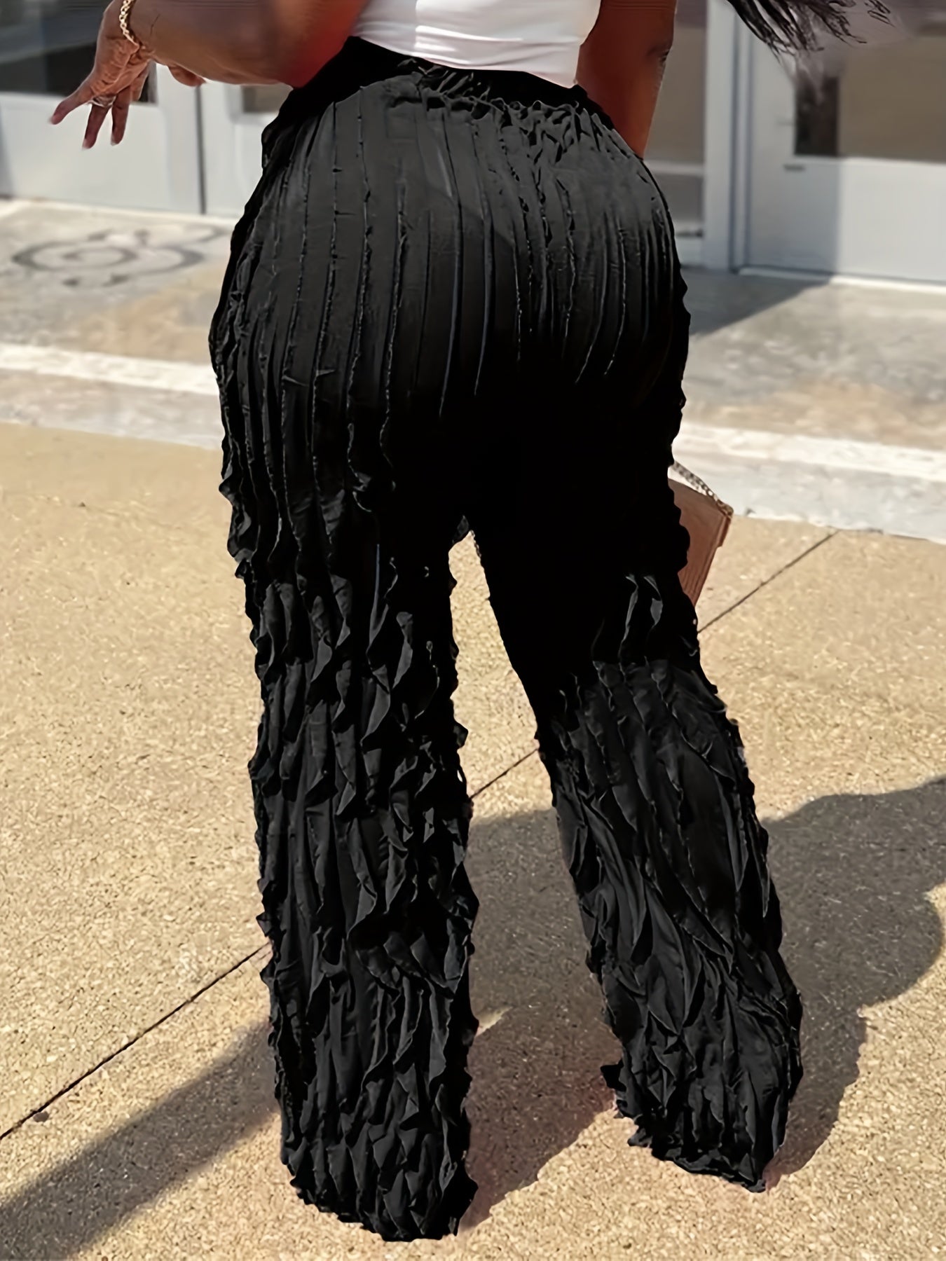  Casual Pants Women's Plus Solid Ruffle Trim Elastic High Rise Trousers