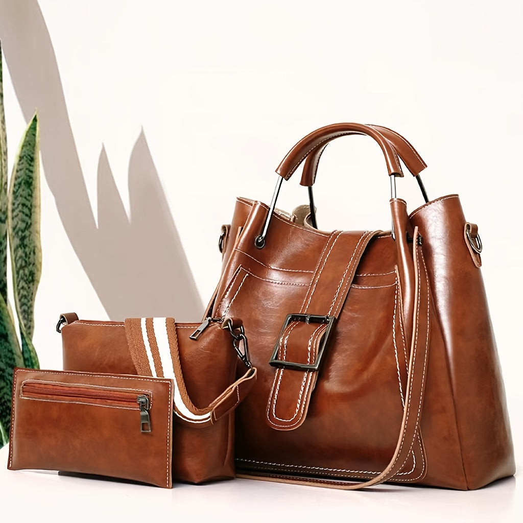3pcs Vintage Style Tote Bag Set PU Leather Handbag Crossbody Bag & Card Bag