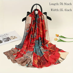 Red Lotus Print Scarf Silk Shawl Satin Head Wrap Travel Beach Towel