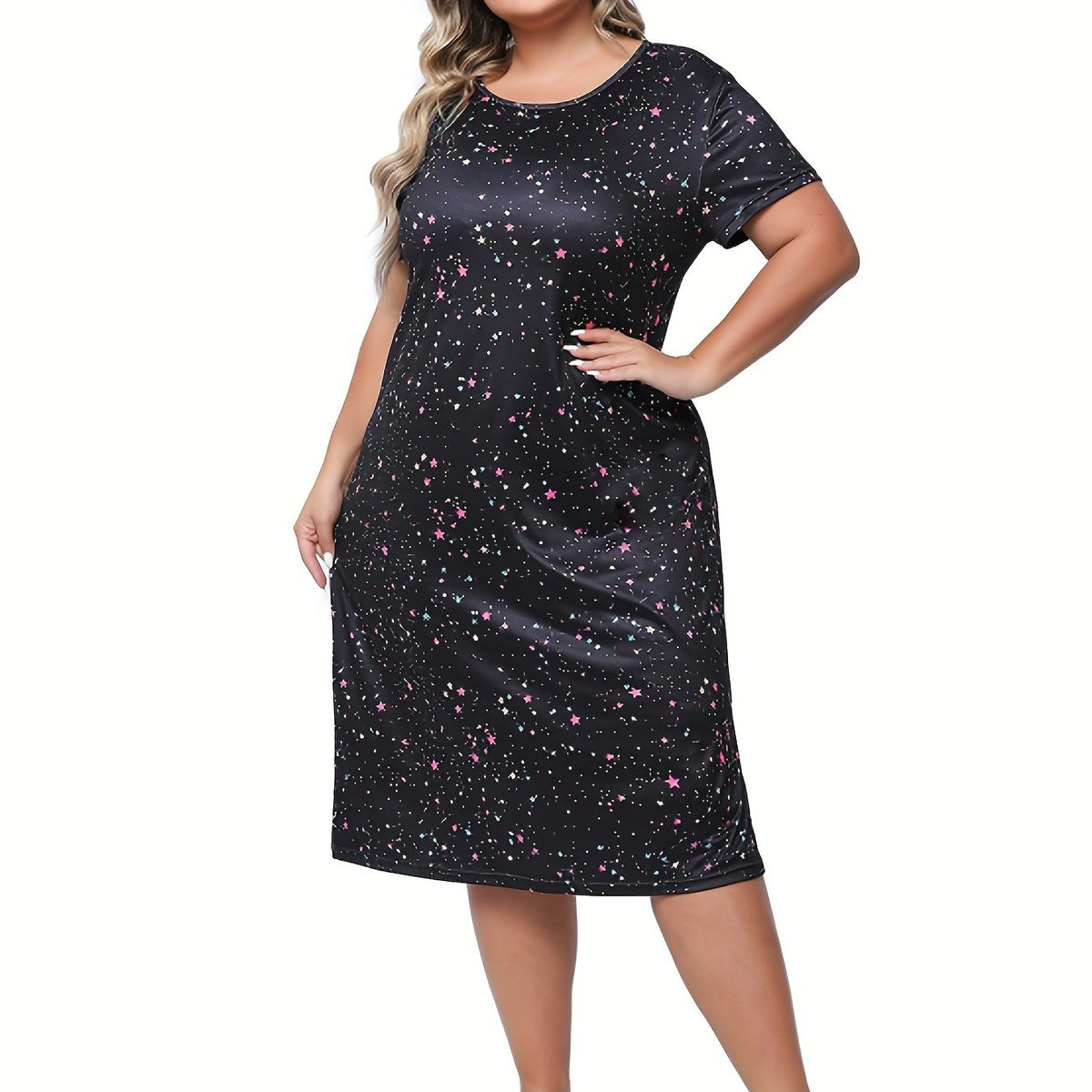  Star Print Lounge Dress Short Sleeve Round Neck Nightdress