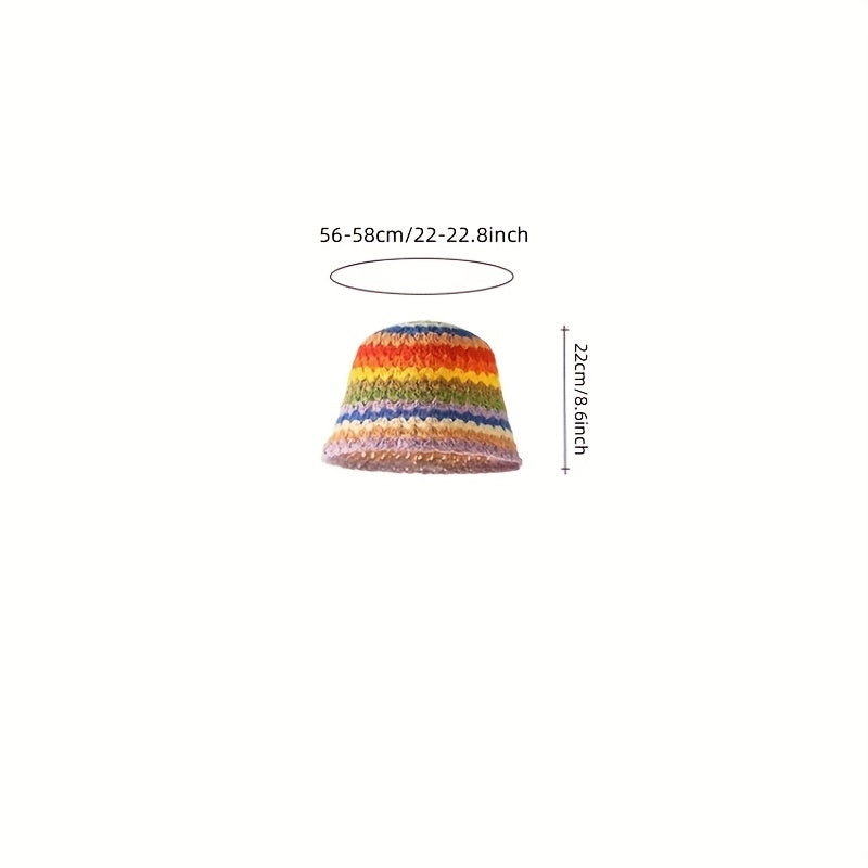 Rainbow Striped Crochet Beanie Elastic Straw Cloche Hats
