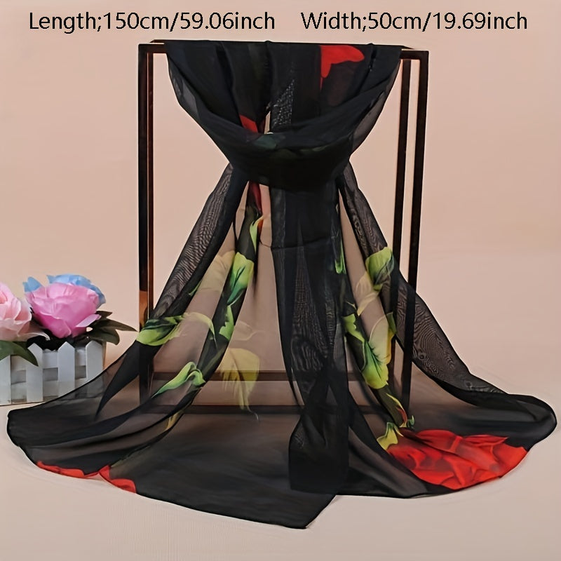 Rose Print Chiffon Scarf Thin Sunscreen Shawl