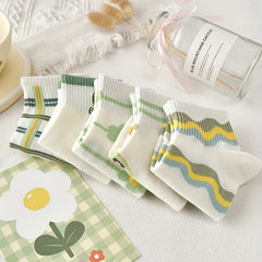 5 Pairs Floral Striped Socks Women's Stockings