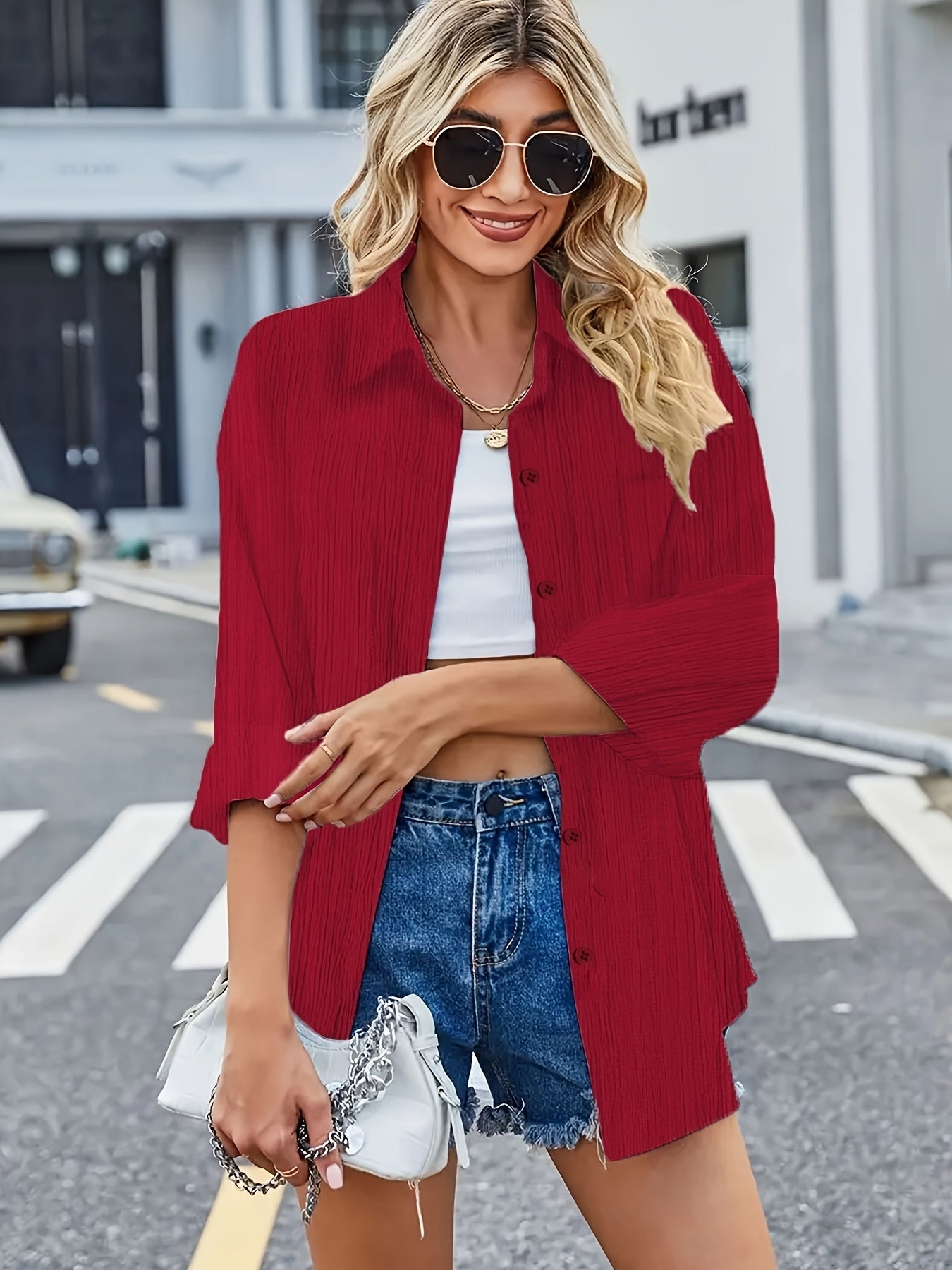 Ribbed Long Sleeve Button Up Blouse