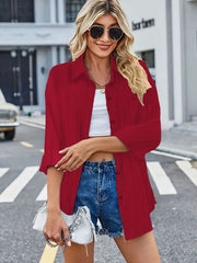  Ribbed Long Sleeve Button Up Blouse