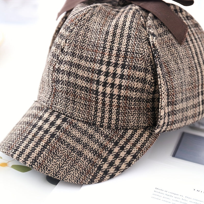 Khaki Plaid Vintage Baseball Cap Double Brim Ear Warmer Sun Hat